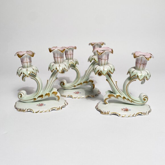 Set of 3 HUNGARIAN Hollohaza Fine Porcelain Candle Holders Pastel Candelabra - Picture 1 of 9